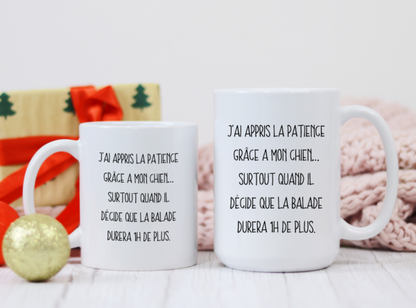 Mug humour chien, j'ai appris la patience grâce à mon chien – Image 2
