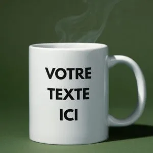 Mug personnalisé texte blanc avec l’inscription “Votre texte ici”, permettant d’ajouter son propre message sur un mug en céramique.
