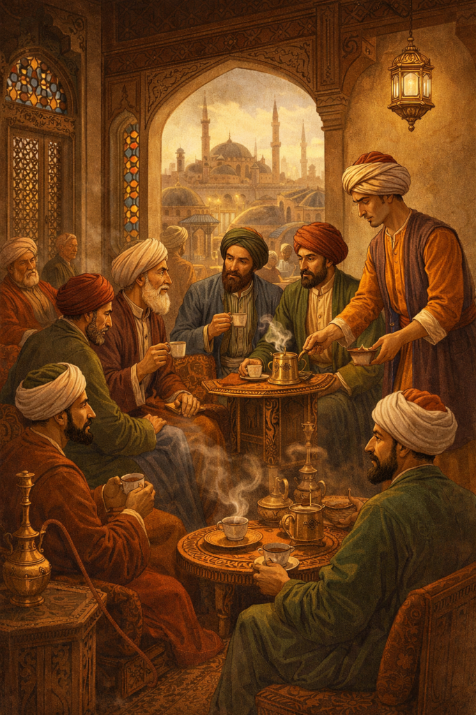 illustration représentant une maison de café dans l’Empire ottoman au XVIe siècle