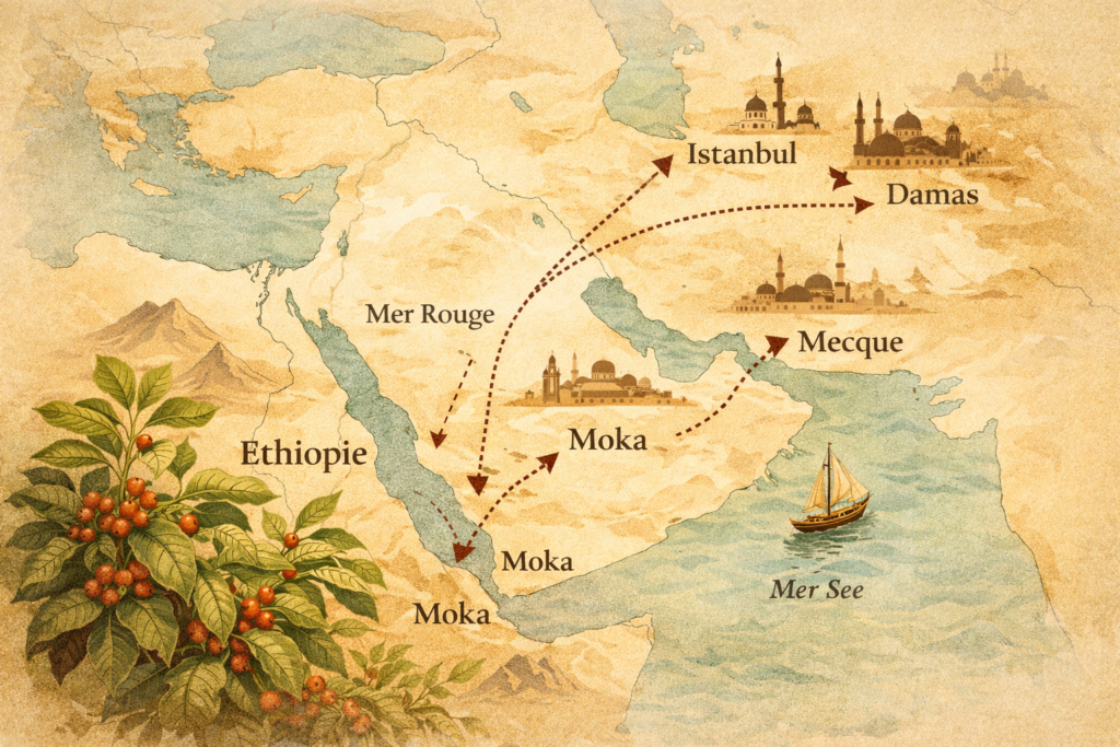carte historique montrant la diffusion du café dans le monde arabe