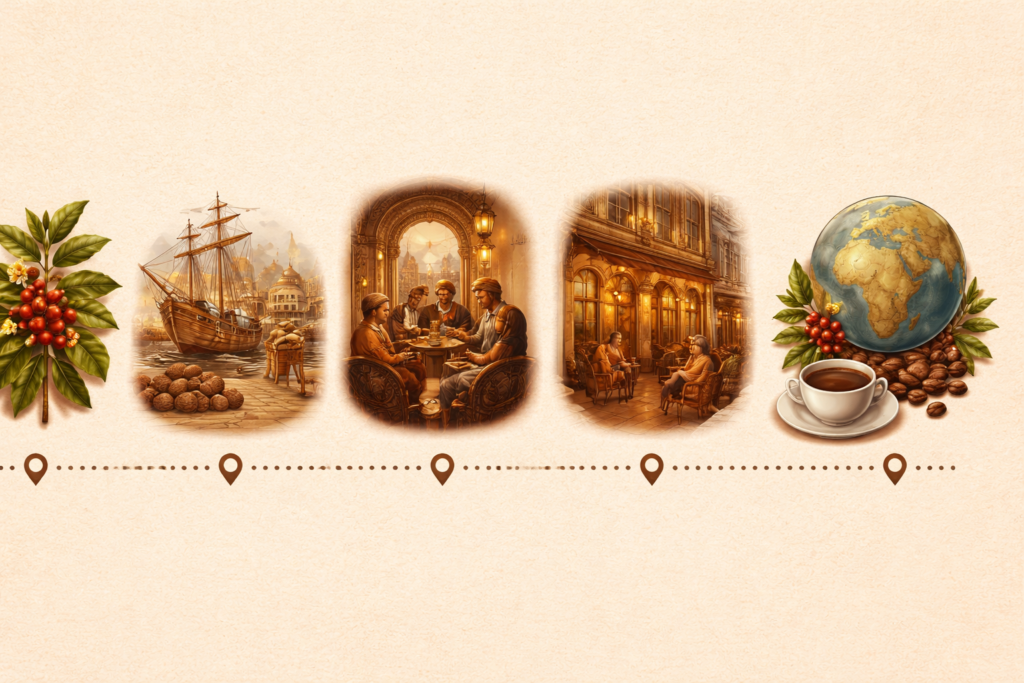 mini frise chronologique décorative sur l’histoire du café, avec quelques jalons visuels