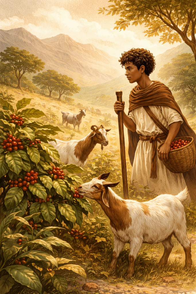 illustration narrative inspirée de la légende de Kaldi, le berger associé à la découverte du café