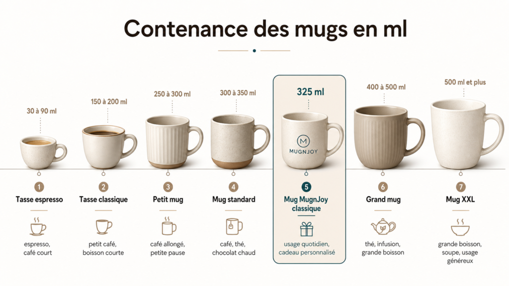 Taille mug en ml : contenance standard et guide pour choisir 4 Tableau des contenances de mugs en millilitres selon les usages