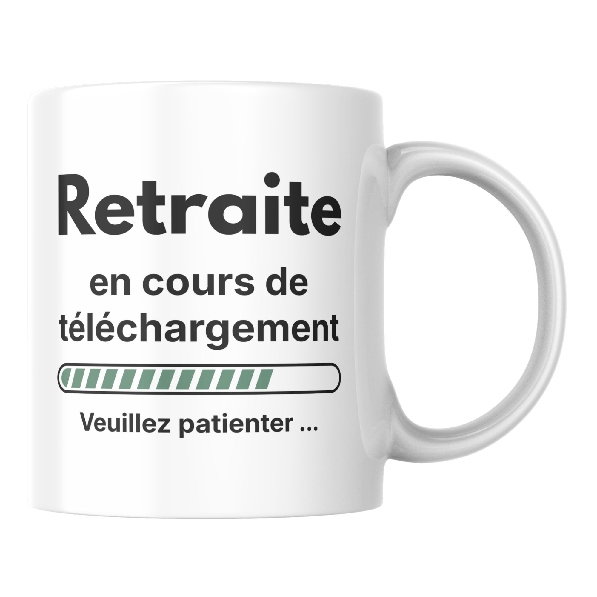 Mug Retraite en cours de chargement 1 Mug retraite en cours de chargement avec design humoristique inspiré d’une barre de téléchargement, idée cadeau originale pour départ à la retraite.